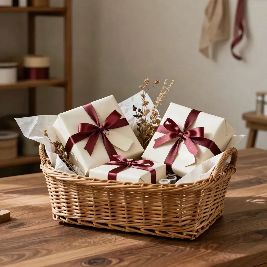 Set hadiah artisan dalam bakul rotan dengan reben burgundy, kotak balut dan tag nama.