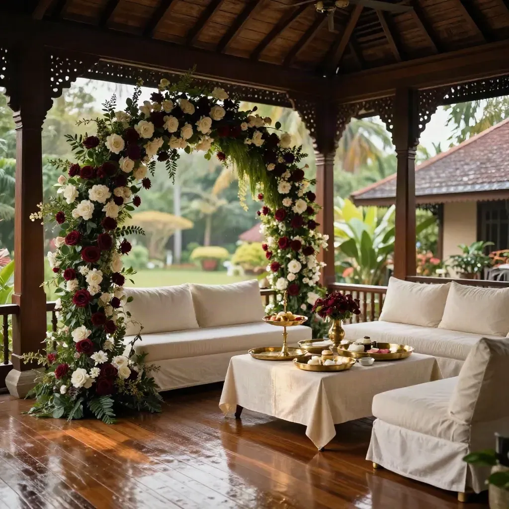 Serambi banglo tradisional dengan majlis tunang siap, lengkungan bunga, meja teh dan kerusi ivory.
