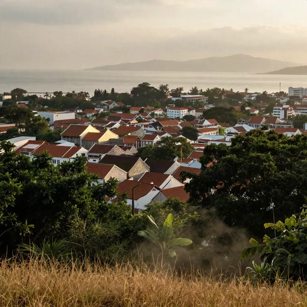 Pulau Pinang dari lereng hijau, atap George Town dan laut diselimuti kabus keemasan.